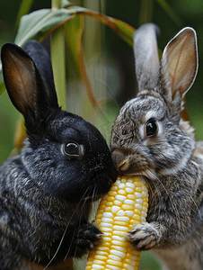 吃玉米摄影照片_吃玉米穗特写的灰色和黑色小兔子