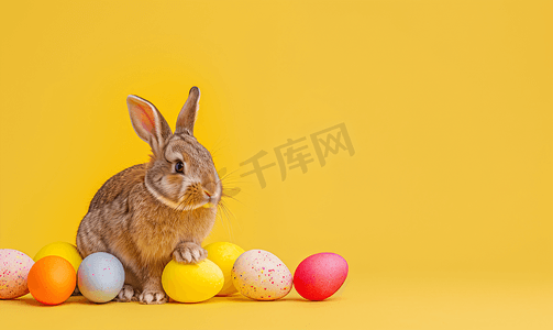 插画长耳兔子摄影照片_复活节兔子与彩蛋