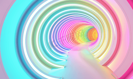 蓝色光科技背景摄影照片_彩色圆圈隧道声波背景