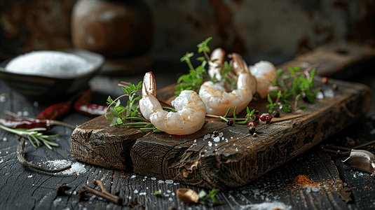 海鲜美食摆放在砧板上的虾仁图片