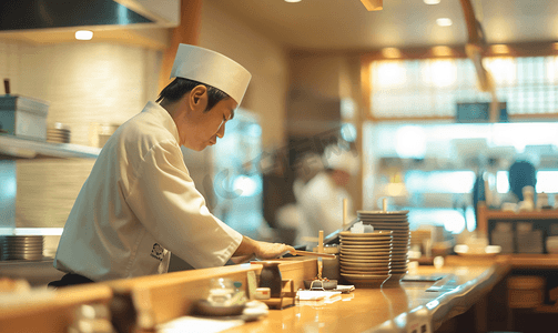 餐饮设计摄影照片_日本餐厅开放式厨房的厨师模糊