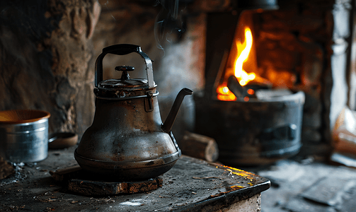 旧水壶在柴火炉上加热