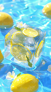 柠檬柠檬片背景图片_夏日清新可爱冰块里的柠檬花朵背景图