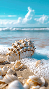 海边的背景图片_夏日海景海滩波浪上的海螺设计图