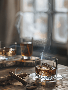 木桌上的威士忌雪茄和烟灰缸