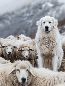 白色比利牛斯山狗与羊群