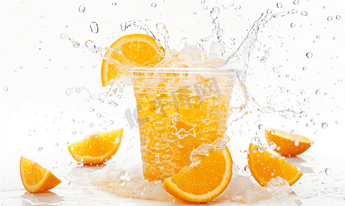 新鲜冰镇摄影照片_白色背景下塑料杯中橙子的冰沙