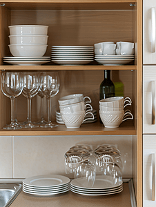 厨房套摄影照片_厨房柜子架子上的一套盘子、杯子和酒杯