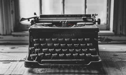 桌上旧打字机的特写黑白色调