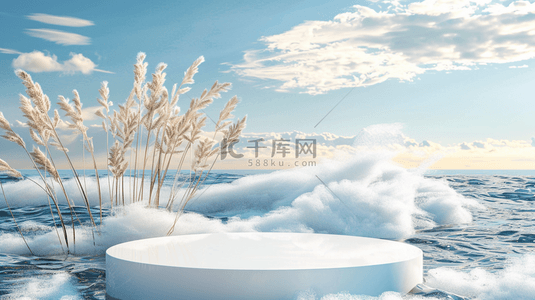 促销背景白色背景图片_清爽蓝色夏日白色沙滩上的电商展台背景图