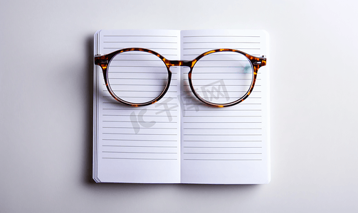 笔记本空白页摄影照片_眼镜和记事本与空白页