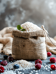 玫玫茉莉摄影照片_茉莉香米粗米和浆果袋装大米