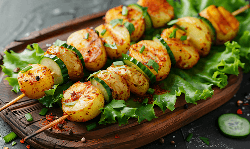 大串辣椒摄影照片_将炸土豆和黄瓜切片串在木板上的绿色生菜叶上