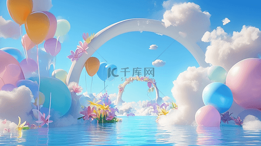 卡通粉色设计背景图片_六一水面上蓝粉色卡通3D花朵气球拱门设计