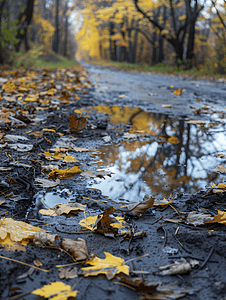 风景摄影照片_落叶覆盖车轮轨道上的雨水坑