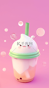 3d饮料背景图片_粉色卡通3D饮料冰淇淋图标背景