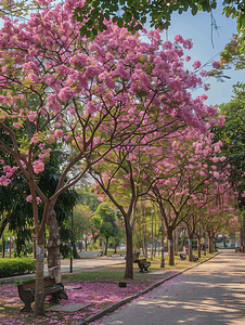 泰国曼谷公园里粉红喇叭树的花朵盛开