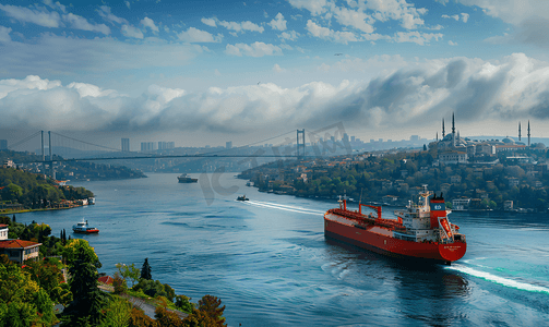 土耳其伊斯坦布尔博斯普鲁斯海峡的巨型原油油轮