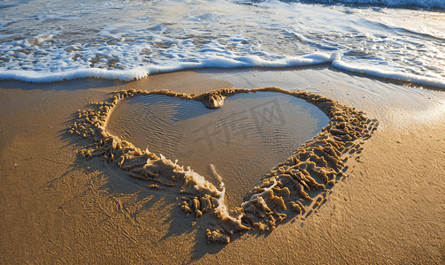 沙滩背景摄影照片_波罗的海海滩的沙滩上画着美丽的心形还有水波