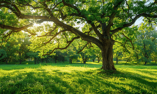 茂盛的树叶摄影照片_阳光明媚的夏日绿色森林中的橡树