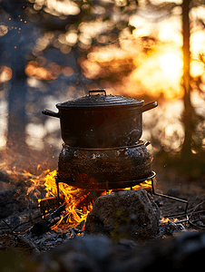野餐篝火旁沸腾锅的特写远足烹饪概念