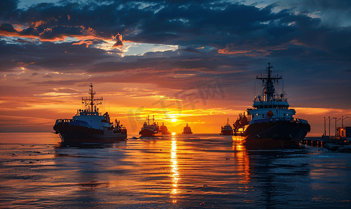 日落背景下海港的船舶