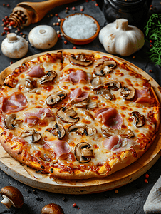 快餐厚面团上烤制的冷冻披萨配上火腿、蘑菇和奶酪即食