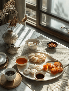 竹筒年糕摄影照片_松饼韩国中秋感恩节年糕配茶