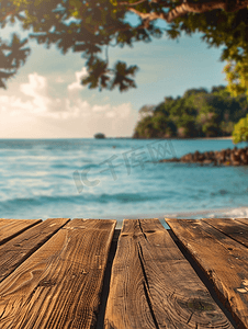 木桌与海滩风景模糊背景