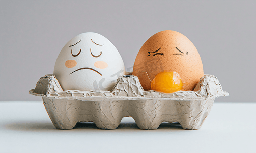 破裂的鸡蛋壳摄影照片_纸蛋托盘中有趣的鸡蛋和悲伤的破裂鸡蛋