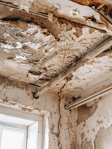 灰色水摄影照片_老房子的天花板被水损坏了水损坏建筑物内部