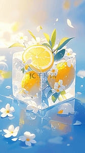 的夏天背景图片_夏日清新可爱冰块里的柠檬花朵设计图