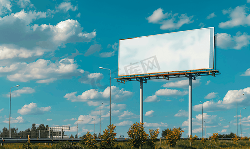 蓝色商业背景摄影照片_高速公路广告牌模型美丽天空下的交通氛围