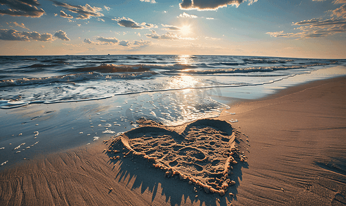 美容美体文化墙摄影照片_波罗的海海滩的沙滩上画着美丽的心形还有水波
