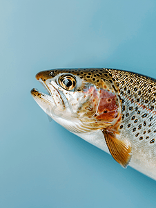 健康食品食品摄影照片_生虹鳟鱼特写蓝色背景上孤立照片带有复印空间