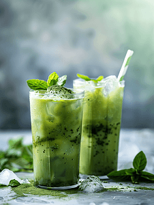 透明玻璃杯中的冰抹茶绿茶饮料