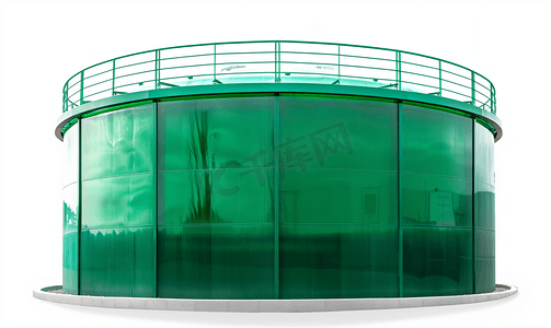 大雨水摄影照片_绿水玻璃纤维罐孤立在白色背景上的剪切路径