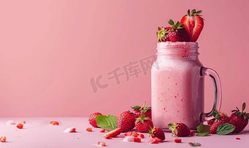 新鲜的草莓水果摄影照片_玻璃罐中的草莓奶昔和带叶子的新鲜草莓