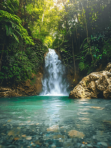 壶口瀑布手绘摄影照片_热带雨林瀑布上的强流水