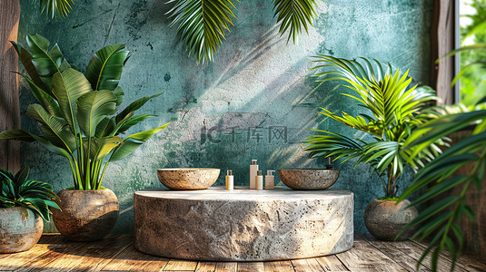 绿植展台背景图片_化妆品广告热带树叶设计