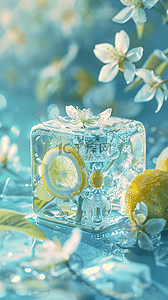 柠檬橙汁小清新背景图片_夏日清新可爱冰块里的柠檬花朵5背景图片