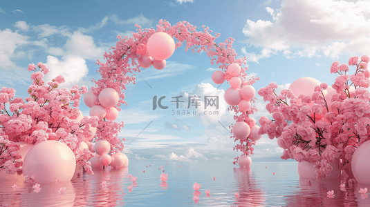 可爱粉色气球背景图片_六一水面上粉色卡通3D花朵气球拱门设计图