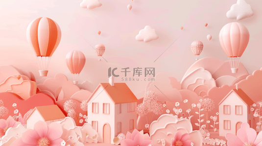 六一粉色梦幻花朵热气球小木屋电商展台素材