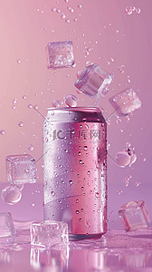 夏天饮背景图片_粉紫色3D冷饮冰块饮料背景
