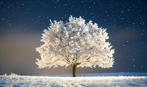 冬夜覆盖着新雪的树