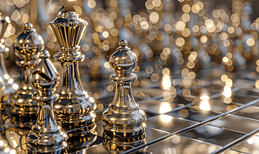 象棋游戏摄影照片_棋盘上的金银棋特写图像抽象背景