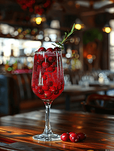 餐厅里特写的一杯色彩缤纷的新鲜红蔓越莓汁