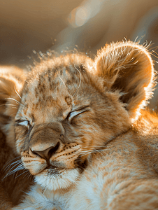 同心同行摄影照片_树荫下一只昏昏欲睡的幼狮的特写
