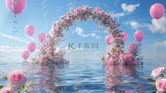 可爱浪漫粉色背景图片_六一水面上粉色卡通3D花朵气球拱门设计图