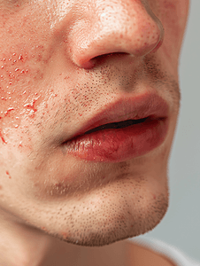 男性上唇红色炎症和带状疱疹病毒
